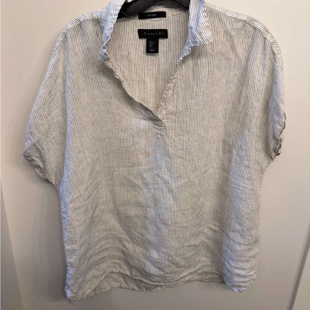 Tahari Women's Casual Linen Shirt - Light Gray and White